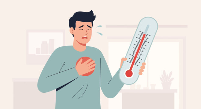 Man with fever and thermometer, feeling unwell and sick at home