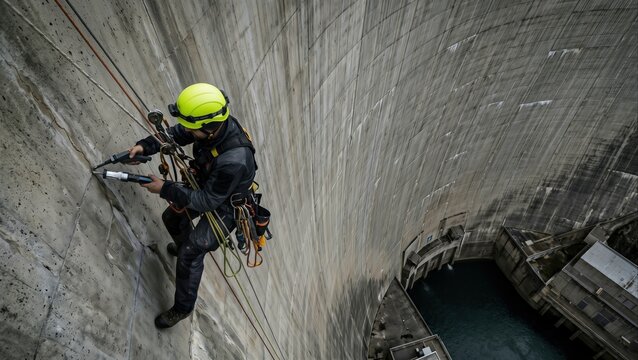 Dam inspection technician rappelling down massive concrete structure, critical infrastructure maintenance.