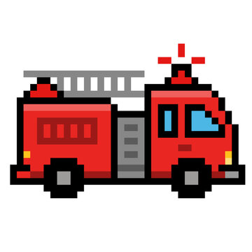 8 bit Pixel art illustration of a red fire truck 