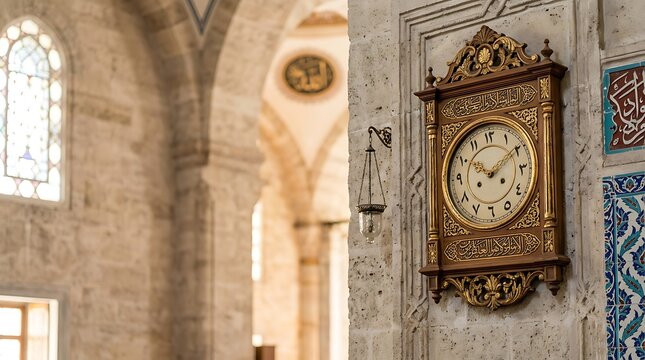 Ornate antique wooden clock on a stone wall inside a mosque