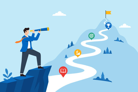 Flat illustration of businessman looking through telescope toward mountain path representing career journey project milestones strategic vision and success
