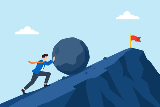 Flat illustration of businessman pushing heavy boulder uphill toward mountain peak with flag representing perseverance resilience determination and goal achievement