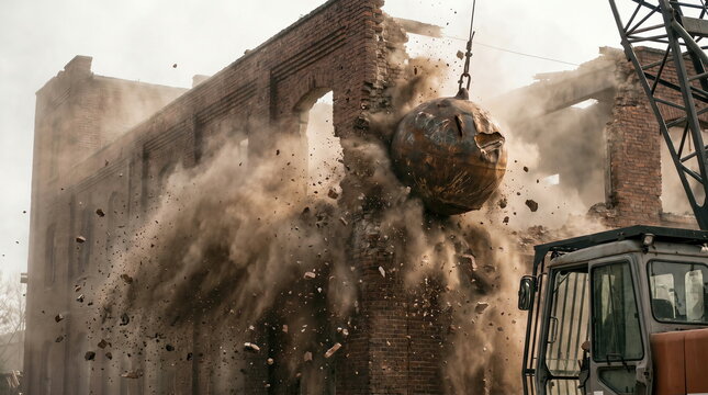 Building demolition by wrecking ball striking old brick structure, creating dust and debris on construction site, urban development concept.