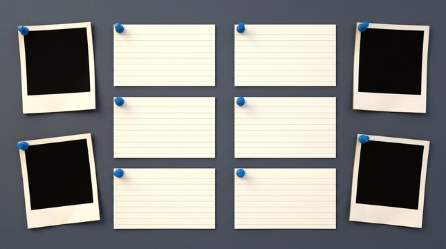 Blank instant photo frames and lined paper note sheets with push pins on dark background bulletin stationery reminder template planning organization background creative