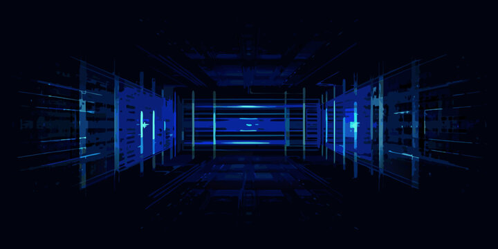 data center room in futuristic vector style blue servers technology network perspective view digital infrastructure server