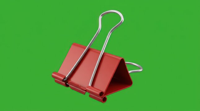 Red Metal Binder Clip Isolated on Green Screen Background for Office Stationery and School Supplies