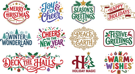 Christmas Holiday Badge Set with Merry Christmas Joy Cheer Seasons Greetings Festive Winter Wonderland Signs © D P Store