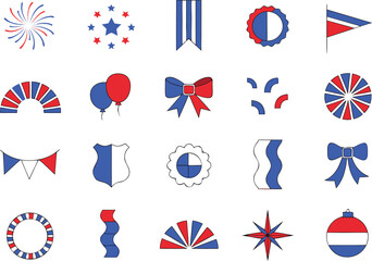Fototapeta premium Patriotic holiday icons set with red and blue elements isolated on transparent background, Vector