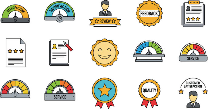 Customer Satisfaction Icons Set with Service Ratings Feedback Review Quality Badges in Colorful Vector Style