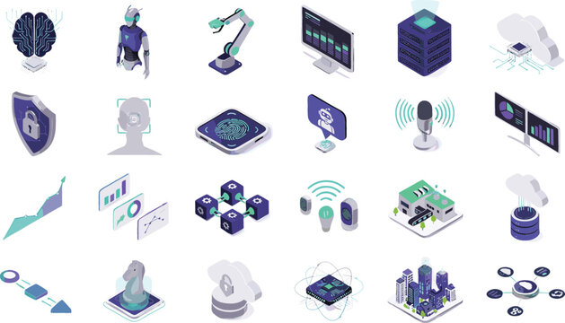 Artificial Intelligence and Advanced Technology Infrastructure Isometric Icon SetArtificial Intelligence and Advanced Technology Infrastructure Isometric Icon Set
