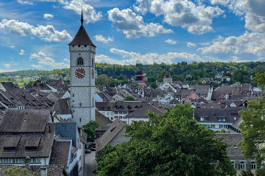 Aerial view of the historic clock tower and traditional rooftops in the old town of Schaffhausen, Schaffhausen, Switzerland.