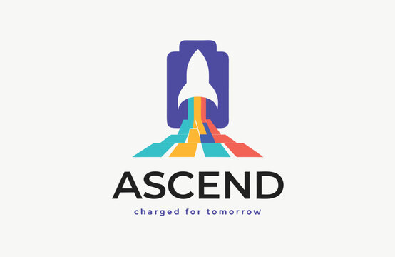Rocket launch logo icon emerging from a battery shape with colorful exhaust trail business innovation marketing