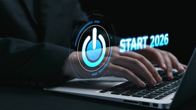 Start 2025 concept with futuristic power button symbolizing fresh beginnings, innovation, and digital transformation. Start 2025, new goals, and start 2025 initiative. Elide
