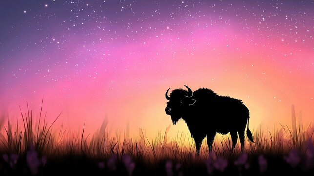 Bison Silhouette at Sunset Under Starry Sky