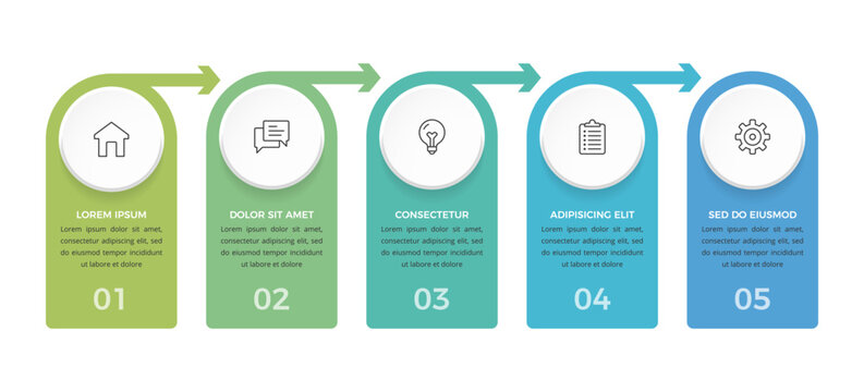Horizontal process flow infographic template featuring five elements connected by directional arrows