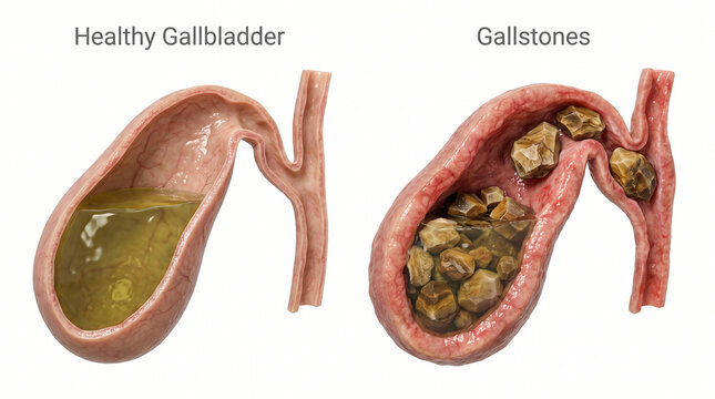 Healthy Gallbladder and Cholelithiasis Gallstones Medical Anatomy Illustration