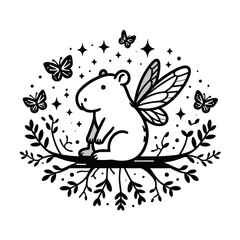Fototapeta premium A whimsical illustration of a cute capybara with fairy wings sitting on a branch surrounded by butterflies and stars.