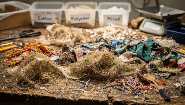 Medium shot capturing loose fibers scattered around a workstation highlighting the raw material stage in fiber recycling and offcut repurposing.