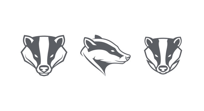 Three stylized badger head illustrations in black and white.