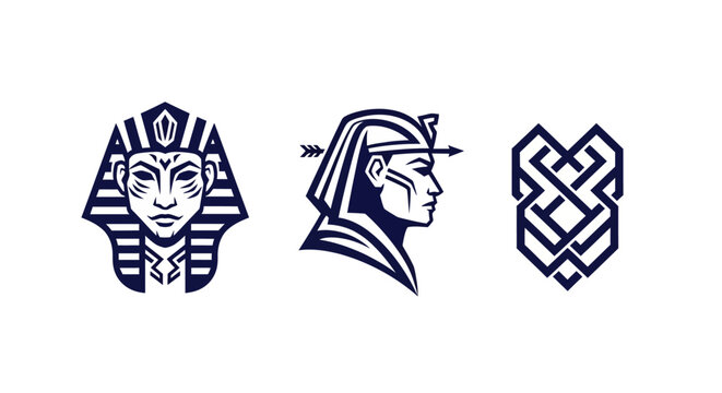 Ancient Egyptian Pharaoh Head Symbols in Blue.