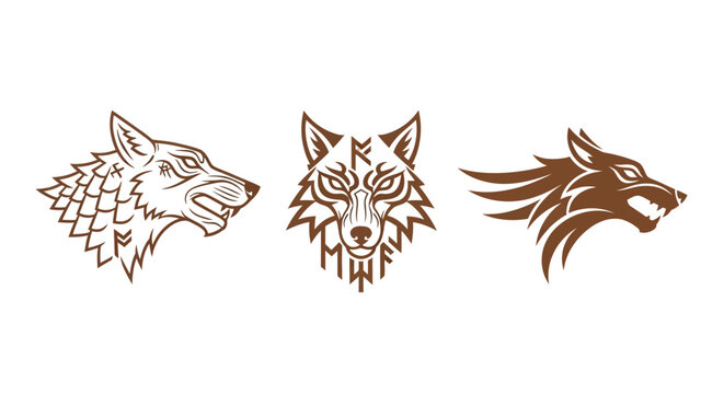 Three distinct stylized wolf head illustrations.