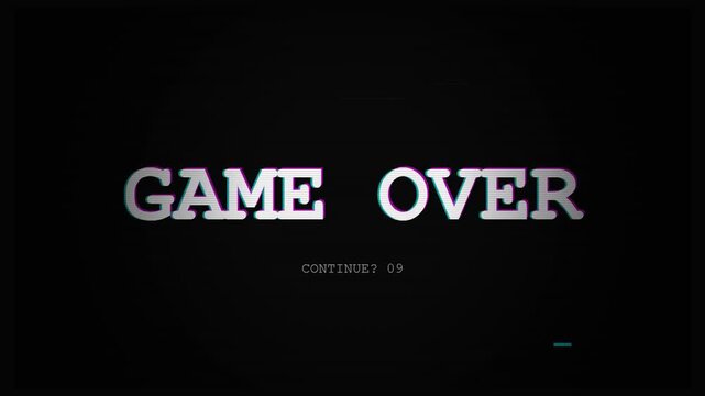 Retro Arcade Game Over Screen with Digital Glitch Effect and Continue Prompt