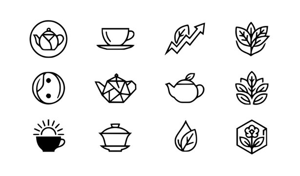 Modern abstract tea time symbol vector clipart set with minimalist clean outline wellness brand teapot teacup monogram and tea leaf logo graphics black and white