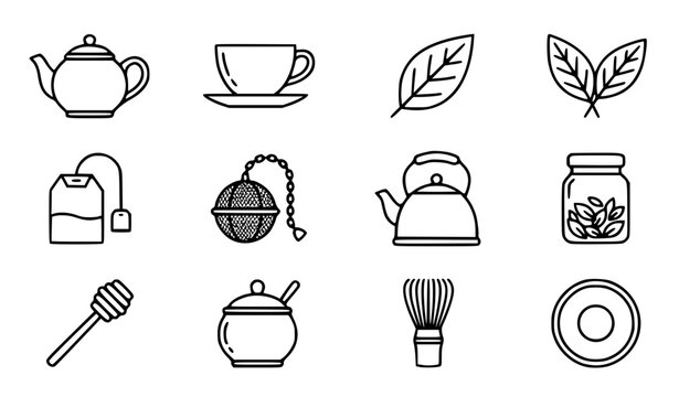 Tea time essentials vector icon set with simple bold line art classic complete teapot teacup tea leaves bag infuser kettle jar and cafe kitchen clip art black and white