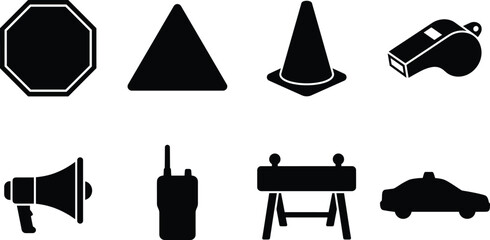 Traffic safety and control equipment silhouette icon set isolated on white background © MdMonowar
