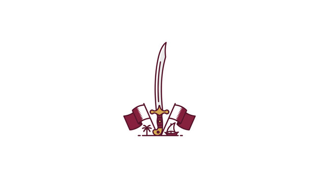 Qatar Emblem with Sword, Flags, Palm Tree, Dhow Boat, and Lighthouse on White Background