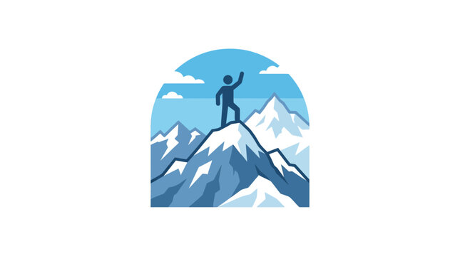 Silhouette of a person standing on a snowy mountain peak, raising hand, achievement concept