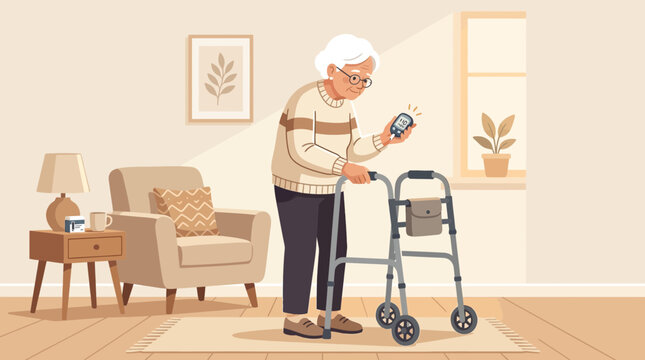 Elderly Woman Checks Blood Sugar With Glucose Meter and Walker