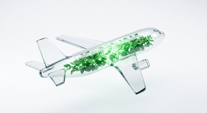 Minimalist 3D glass airplane filled with glowing green leaves inside
