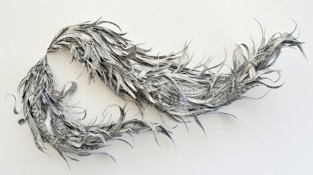 Abstract Silver Curved Shape Made of Feathers on White Background