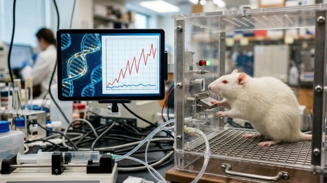 A laboratory rat in a transparent operant chamber, with a lever press panel, clear infusion tubing, and a DNA helix graphic beside a behavioral chart showing escalating response patterns in opioid