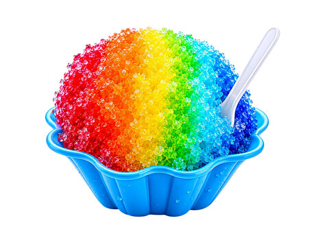 Rainbow shaved ice dessert in blue bowl with spoon isolated on white background for summer