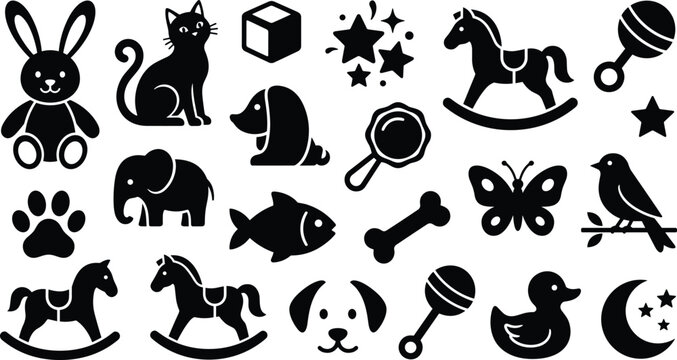 Set of black solid baby toys and cute animals icons for childhood decoration elements.