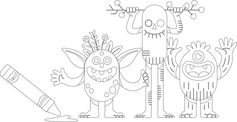 Fototapeta premium Three charming outlined monsters standing near a large crayon for coloring fun