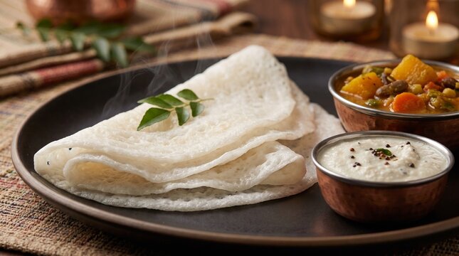 Traditional Neer Dosa Served with Coconut Chutney and Curry