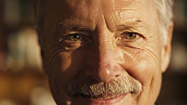 Close-up of a senior man with a grey mustache and hazel eyes smiling subtly. Detailed facial texture with wrinkles and warm lighting on a blurred background indoors.