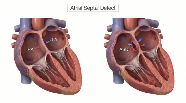 3D Medical Illustration of Atrial Septal Defect vs Healthy Heart Anatomy