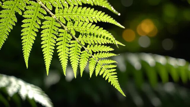 Close-up of a vibrant green fern frond illuminated by sunlight against a dark forest background. Detailed pinnate leaf structure with translucent veins and soft golden bokeh effects.