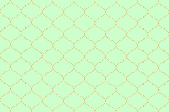 A delicate, seamless pattern of interconnected quatrefoil shapes in a soft, muted green hue with golden outlines