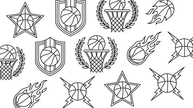 Set of black linear basketball team logo emblems and tournament graphic symbols on white background.