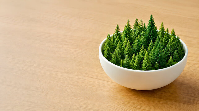 Miniature dense green pine forest growing inside a modern white ceramic bowl