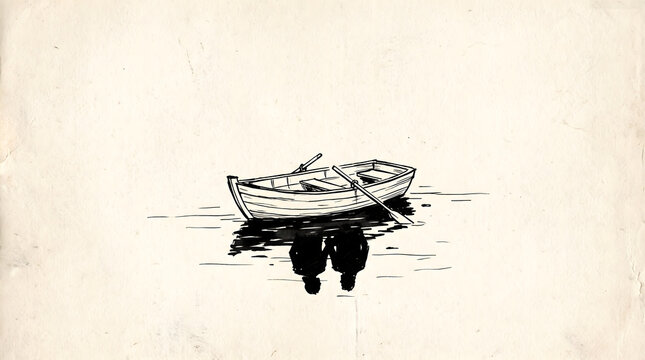 An empty wooden rowboat floats on calm water with dark reflections cast on the surface