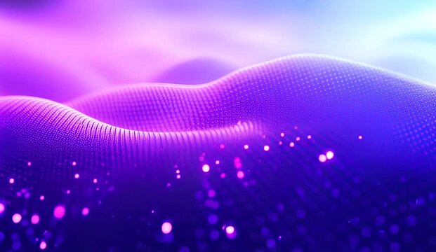 Purple and blue glowing particle waves forming a futuristic digital landscape, abstract technology background with bokeh dots and soft gradient