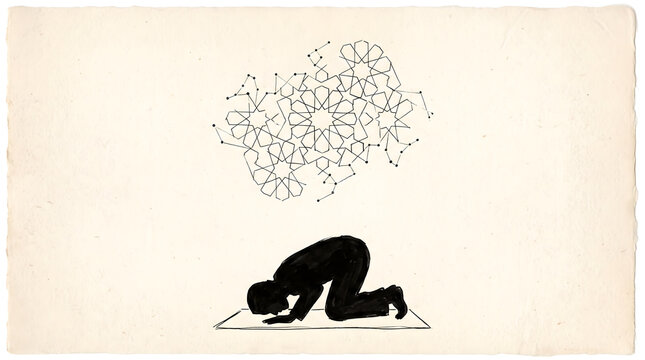 Silhouette of a person praying in prostration beneath an intricate geometric star pattern