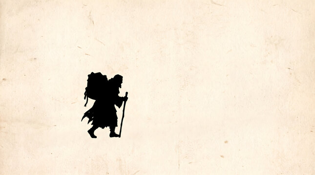 Silhouette of an elderly traveler carrying a large heavy pack and walking with a wooden trekking staff