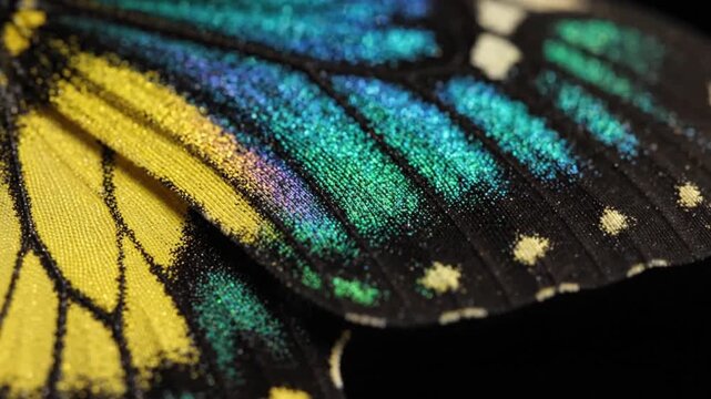 A detailed macro shot showing the intricate, shimmering iridescent blue, yellow, and black scales of a butterfly wing, highlighting the delicate texture and natural beauty